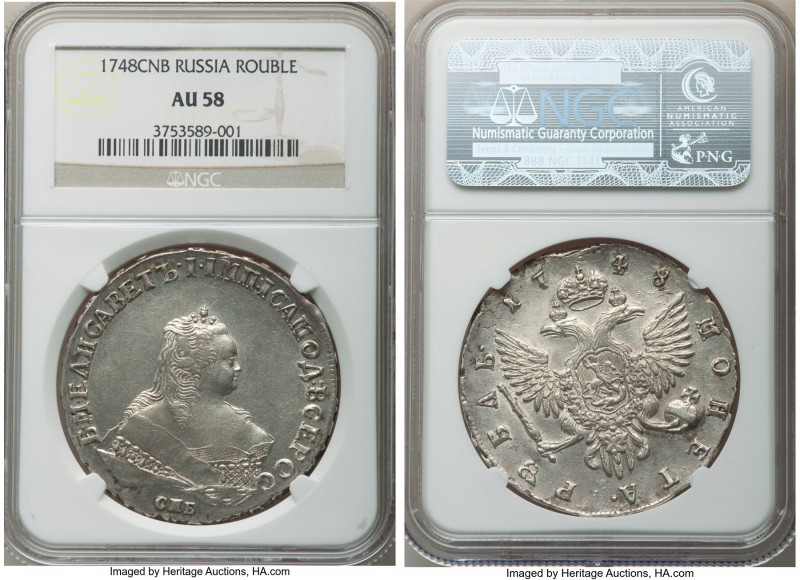 Elizabeth Rouble 1748-CПБ AU58 NGC, St. Petersburg mint, KM-C19B.4. Bordering on...