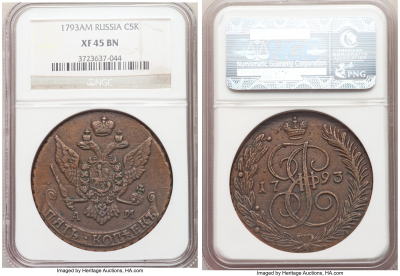 Catherine II Pair of Certified 5 Kopecks NGC, 1) 5 Kopecks 1775-EM - MS61 Brown,...