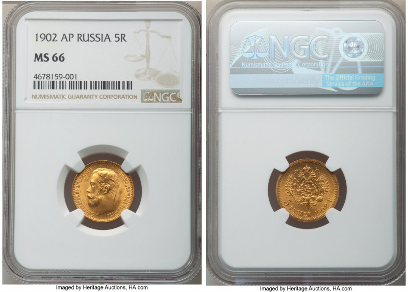 Nicholas II gold 5 Roubles 1902-AP MS66 NGC, St. Petersburg mint, KM-Y62. A radi...