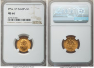 Nicholas II gold 5 Roubles 1902-AP MS66 NGC, St. Petersburg mint, KM-Y62. A radiant gem displaying no handling worthy of mention. 

HID09801242017
...