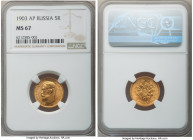 Nicholas II gold 5 Roubles 1903-AP MS67 NGC, St. Petersburg mint, KM-Y62. Absolutely brilliant and displaying no flaws of note. Among the finest certi...