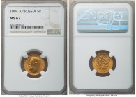 Nicholas II gold 5 Roubles 1904-AP MS67 NGC, St. Petersburg mint, KM-Y62. A superior jewel that conveys sweeping golden luster at every turn, virtuall...