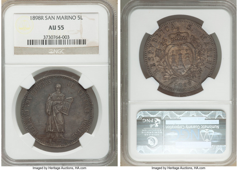 Republic 5 Lire 1898-R AU55 NGC, Rome mint, KM6, Dav-302. Anthracite toning with...