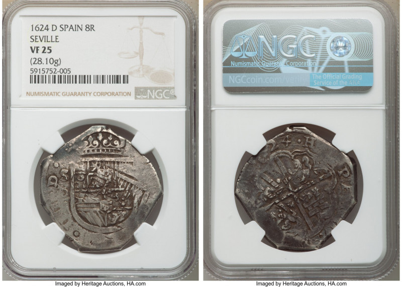 Philip IV Cob 8 Reales 1624 S-D VF25 NGC, Seville mint, KM80, Dav-4410. 28.10gm....