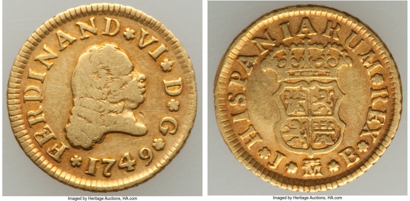 Ferdinand VI gold 1/2 Escudo 1749 M-JB Fine, Madrid mint, KM378. 15mm. 1.71gm.
...