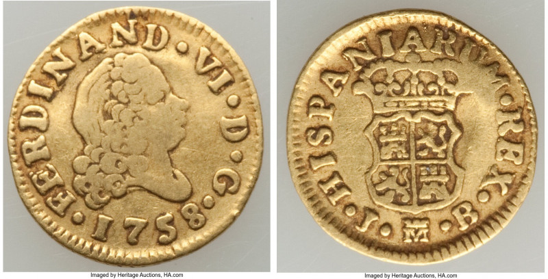 Ferdinand VI gold 1/2 Escudo 1758 M-JB Fine, Madrid mint, KM378, Cal-560. 15mm. ...
