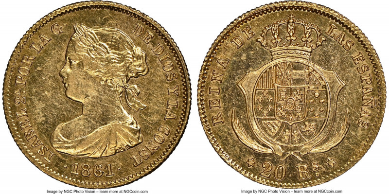 Isabel II gold 20 Reales 1861 AU Details (Cleaned) NGC, Madrid mint, KM610.

H...