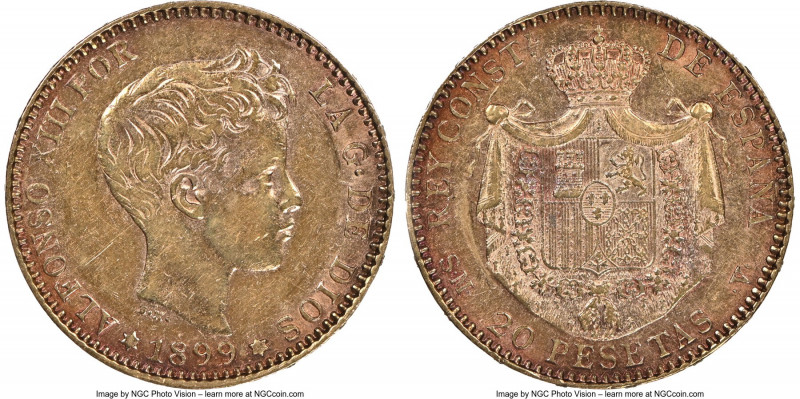 Alfonso XIII gold 20 Pesetas 1899(99) SM-V AU Details (Obverse Cleaned) NGC, Mad...