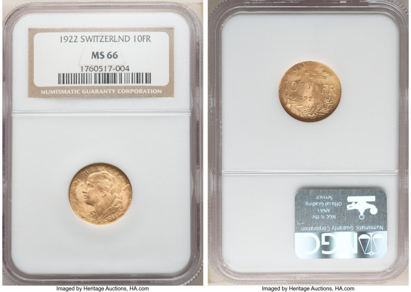 Confederation gold 10 Francs 1922-B MS66 NGC, Bern mint, KM36. AGW 0.0933 oz.
...
