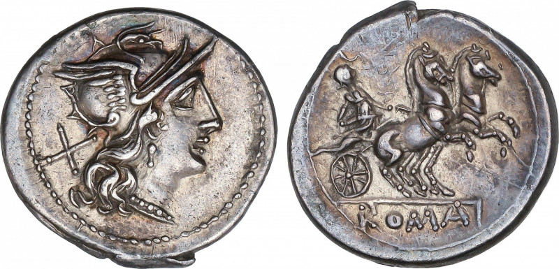 Anonymous
Denario. 179-180 a.C. ANÓNIMO. RARA. Anv.: Cabeza de Roma a derecha, ...