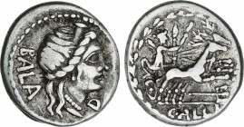Aelia
Denario. 92 a.C. AELIA. C. Allius Bala. Anv.: Cabeza diademada de Diana a derecha, delante D, detrás BALA. Rev.: Diana con dos antorchas, en bi...