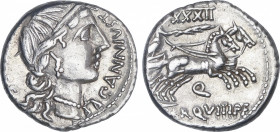 Annia
Denario. 82-81 a.C. ANNIA. C. Annius y C. Tarquitus. HISPANIA. Anv.: C. ANNIVS T. (F. T. N. PRO. COS. EX. S. C.). Busto diademado de Anna Peren...