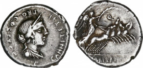 Annia
Denario. 82-81 a.C. ANNIA. C. Annius y Lucius Fabius. HISPANIA. Anv.: C. ANNI T. F. T. N. PRO. COS. EX. S.C. Busto diademado de Anna Perenna a ...