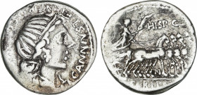 Annia
Denario. 82-81 a.C. ANNIA. C. Annius y Lucius Fabius. HISPANIA. Anv.: C. ANNIVS T. F. T. N. P(RO. COS. EX. S. C). Busto diademado de Anna Peren...