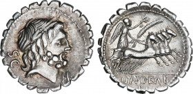 Antonia
Denario. 83-82 a.C. ANTONIA. Q. Antonius Balbus. Anv.: S. C. Cabeza laureada de Júpiter a derecha, debajo del mentón H ¶. Rev.: Victoria en c...