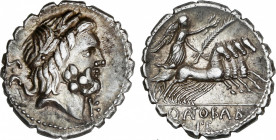 Antonia
Denario. 83-82 a.C. ANTONIA. Q. Antonius Balbus. Anv.: S. C. Cabeza laureada de Júpiter a derecha, debajo del mentón K. Rev.: Victoria en cua...