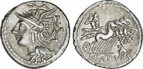Appuleia
Denario. 104 a.C. APPULEIA. Lucius Appuleius Saturninus. Anv.: Cabeza de Roma a izquierda. Rev.: Saturno en cuadriga a derecha, debajo ¶A. E...