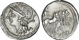 Appuleia
Denario. 104 a.C. APPULEIA. Lucius Appuleius Saturninus. Anv.: Cabeza de Roma a izquierda. Rev.: Saturno en cuadriga a derecha, debajo ¶E tu...