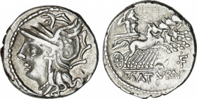 Appuleia
Denario. 104 a.C. APPULEIA. Lucius Appuleius Saturninus. Anv.: Cabeza de Roma a izquierda. Rev.: Saturno en cuadriga a derecha, debajo ¶F pu...