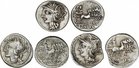 Appuleia
Lote 3 monedas Denario. 104 a.C. APPULEIA. Lucius Appuleius Saturninus. AR. Todas tipo Saturno en cuadriga a derecha y con leyenda en revers...