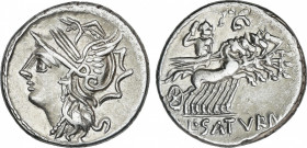 Appuleia
Denario. 104 a.C. APPULEIA. Lucius Appuleius Saturninus. Anv.: Cabeza de Roma a izquierda. Rev.: Saturno en cuadriga a derecha, encima G tum...