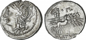 Appuleia
Denario. 104 a.C. APPULEIA. Lucius Appuleius Saturninus. Anv.: Cabeza de Roma a izquierda. Rev.: Saturno en cuadriga a derecha, encima ¶L tu...