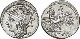 Appuleia
Denario. 104 a.C. APPULEIA. Lucius Appuleius Saturninus. BELLA. Anv.: Cabeza de Roma a izquierda. Rev.: Saturno en cuadriga a derecha, encim...