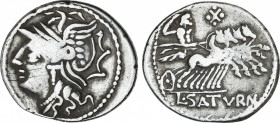 Appuleia
Denario. 104 a.C. APPULEIA. Lucius Appuleius Saturninus. Anv.: Cabeza de Roma a izquierda. Rev.: Saturno en cuadriga a derecha, encima ¶X pu...