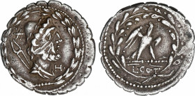 Aurelia
Denario. 105 a.C. AURELIA. Lucius Aurelius Cotta. Anv.: Busto de Vulcano a derecha, debajo del mentón letra H., detrás estrella y tenazas. Re...