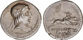 Calpurnia
Denario. 90-89 a.C. CALPURNIA. L. Calpurnius Piso Frugi. Anv.: Cabeza de Apolo a derecha, debajo del mentón F. Rev.: Jinete galopando a der...