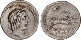Calpurnia
Denario. 90-89 a.C. CALPURNIA. L. Calpurnius Piso Frugi. Anv.: Cabeza de Apolo a derecha, debajo del mentón G. Rev.: Jinete galopando a der...