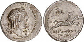 Calpurnia
Denario. 90-89 a.C. CALPURNIA. L. Calpurnius Piso Frugi. Anv.: Cabeza de Apolo a derecha, debajo del mentón T. Rev.: Jinete galopando a der...
