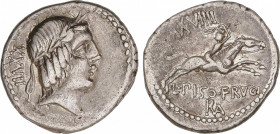 Calpurnia
Denario. 90-89 a.C. CALPURNIA. L. Calpurnius Piso Frugi. Anv.: Cabeza de Apolo a derecha, detrás XXVII. Rev.: Jinete galopando a derecha, e...