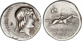 Calpurnia
Denario. 90-89 a.C. CALPURNIA. L. Calpurnius Piso Frugi. Anv.: Cabeza de Apolo a derecha, debajo del mentón E. Rev.: Jinete galopando a der...