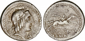 Calpurnia
Denario. 90-89 a.C. CALPURNIA. L. Calpurnius Piso Frugi. Anv.: Cabeza de Apolo a derecha entre ¶y A debajo del mentón. Rev.: Flauta - L. PI...
