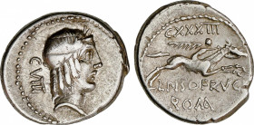Calpurnia
Denario. 90-89 a.C. CALPURNIA. L. Calpurnius Piso Frugi. Anv.: CVIII. Rev.: CXXXIII - L. PISO. FRVGI / ROMA. 3,84 grs. AR. Cal-305d; FFC-23...