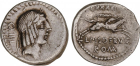 Calpurnia
Denario. 90-89 a.C. CALPURNIA. L. Calpurnius Piso Frugi. Anv.: CXIIII. Rev.: CXXXXII - L. PISO. FRVG / ROMA. 3,95 grs. AR. Cal-305d; FFC-23...