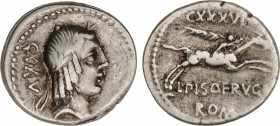 Calpurnia
Denario. 90-89 a.C. CALPURNIA. L. Calpurnius Piso Frugi. Anv.: CXXIV. Rev.: CXXXVI - L. PISO FRVGI / ROMA (MA nexadas). 3,77 grs. AR. Cal-3...