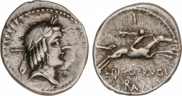 Calpurnia
Denario. 90-89 a.C. CALPURNIA. L. Calpurnius Piso Frugi. Anv.: Cabeza de Apolo a derecha, detrás I. Rev.: Jinete galopando a derecha, encim...
