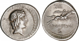 Calpurnia
Denario. 90-89 a.C. CALPURNIA. L. Calpurnius Piso Frugi. Anv.: X. Rev.: XIIII - L. PISO. FRVGI / ROMA en monograma. 3,91 grs. AR. Cal-306; ...