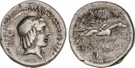 Calpurnia
Denario. 90-89 a.C. CALPURNIA. L. Calpurnius Piso Frugi. Anv.: XVII. Rev.: XVIII - L. PISO FRVGI / ROMA en monograma. 3,64 grs. AR. Cal-306...