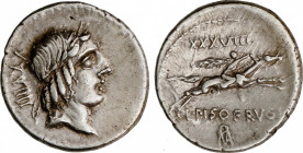 Calpurnia
Denario. 90-89 a.C. CALPURNIA. L. Calpurnius Piso Frugi. Anv.: XXVIIII. Rev.: XXXVIII - L. PISO FRVGI / ROMA en monograma. 3,85 grs. AR. Ca...