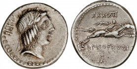 Calpurnia
Denario. 90-89 a.C. CALPURNIA. L. Calpurnius Piso Frugi. Anv.: XXXII. Rev.: XXXXII - L. PISO. FRVGI / ROMA en monograma. 3,89 grs. AR. Cal-...