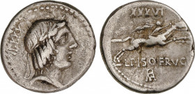 Calpurnia
Denario. 90-89 a.C. CALPURNIA. L. Calpurnius Piso Frugi. Anv.: XXXII. Rev.: XXXVI - L. PISO. FRVGI / ROMA en monograma. 3,90 grs. AR. Cal-3...