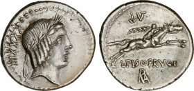 Calpurnia
Denario. 90-89 a.C. CALPURNIA. L. Calpurnius Piso Frugi. Anv.: XXXXIII. Rev.: ¶V - L. PISO FRVGI / ROMA en monograma. 3,75 grs. AR. Restos ...