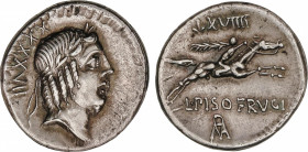 Calpurnia
Denario. 90-89 a.C. CALPURNIA. L. Calpurnius Piso Frugi. Anv.: XXXXVII. Rev.: ¶XVIIII - L. PISO FRVGI / ROMA en monograma. 3,87 grs. AR. Ca...