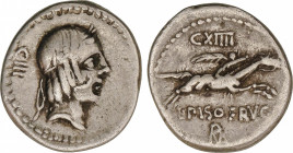 Calpurnia
Denario. 90-89 a.C. CALPURNIA. L. Calpurnius Piso Frugi. Anv.: CIII. Rev.: CXIIII - L. PISO FRVG / ROMA en monograma. 3,71 grs. AR. Cal-306...