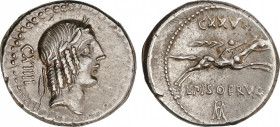 Calpurnia
Denario. 90-89 a.C. CALPURNIA. L. Calpurnius Piso Frugi. Anv.: CXIIII. Rev.: CXXV - L. PISO FRVG / ROMA en monograma
 4,05 grs. AR. Cal-30...