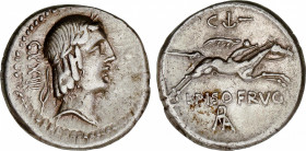 Calpurnia
Denario. 90-89 a.C. CALPURNIA. L. Calpurnius Piso Frugi. Anv.: CXXIII. Rev.: C ¶- - L. PISO FRVGI / ROMA en monograma. 3,92 grs. AR. Cal-30...