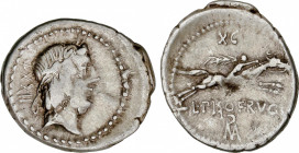 Calpurnia
Denario. 90-89 a.C. CALPURNIA. L. Calpurnius Piso Frugi. Anv.: ¶XXII. Rev.: XC - L. PISO FRVGI / ROMA en monograma. 3,86 grs. AR. Cal-306; ...